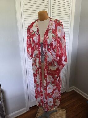 Dizzy Gal 1X Red Floral Sheer Kimono Beach Cover Up Boho Lightweight Layering